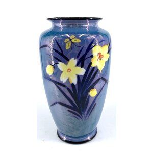 Lusterware Porcelain Vase Blue Daffodil Flowers Butterfly 7.5" Vintage